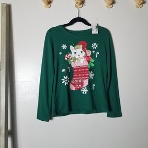 CHILDREN'S PLACE GIRLS CAT CHRISTMAS LONG SLEEVE SHIRT SIZE MEDIUM